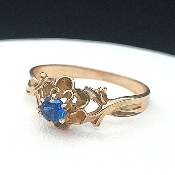 Antique 10K Gold Victorian Blue Spinel Ring Art Nouveau Floral 6-Prong Solitaire - Picture 12 of 12